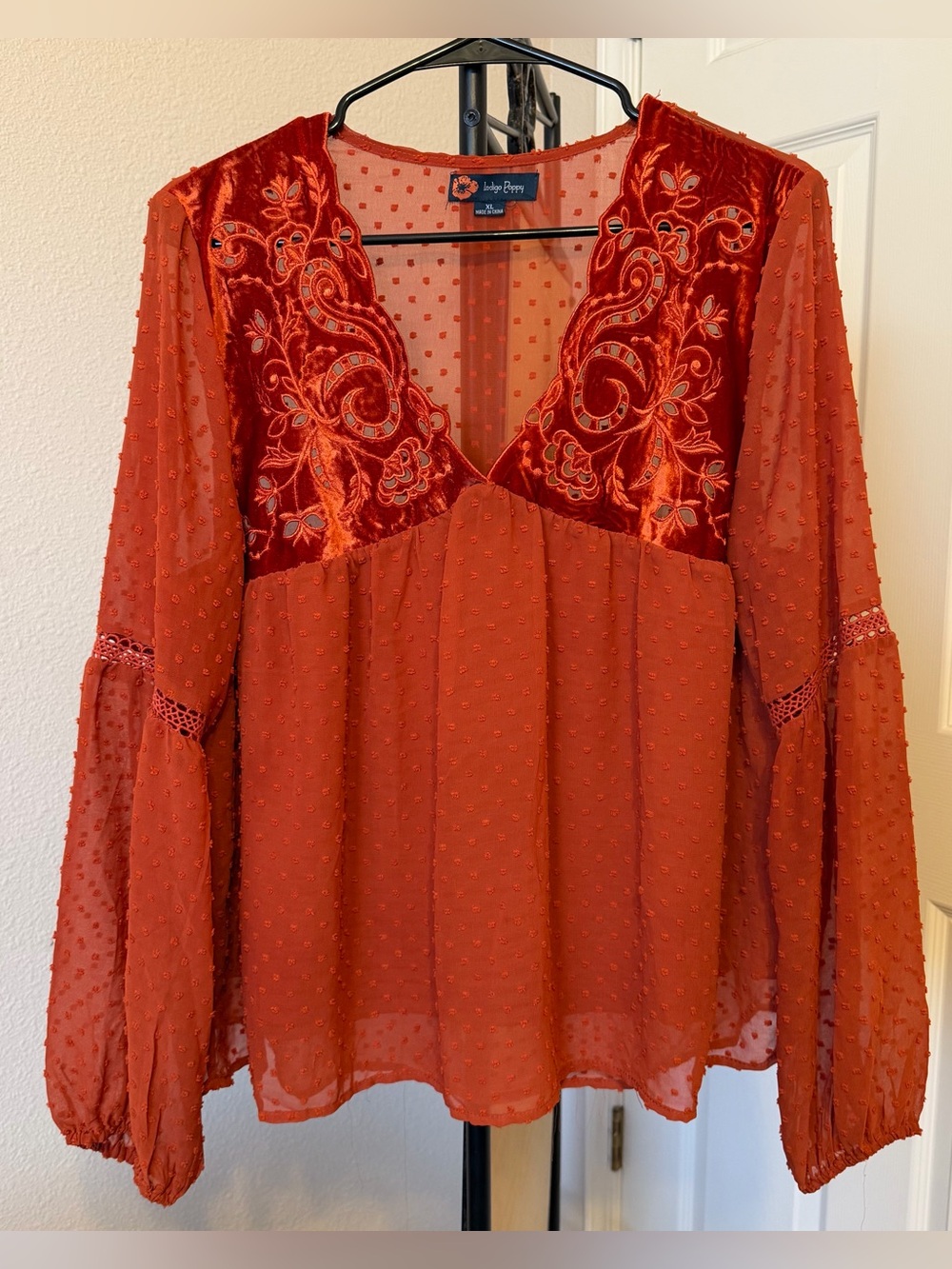 Indigo Poppy women’s XL burnt orange velvet blouse sheer peasant boho fairycore